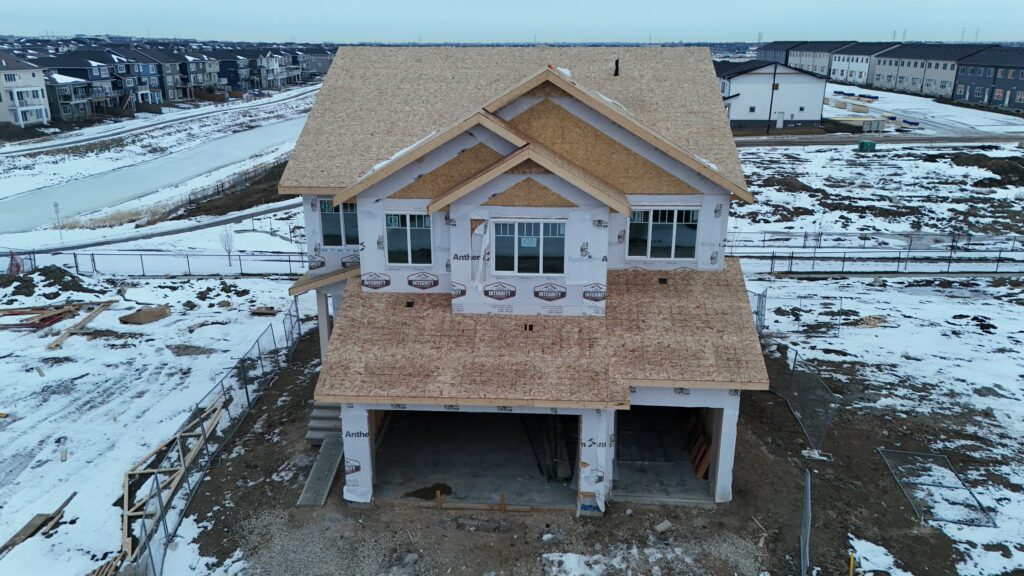 Drone image showing a new build home inspection just outside the City of Calgary.